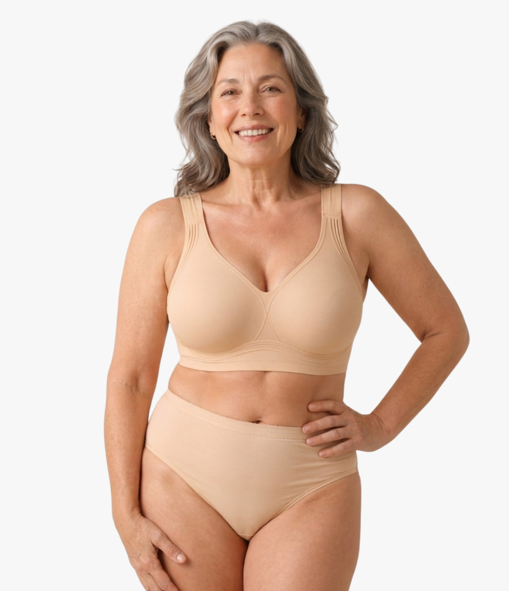Full coverage wireless bra in beige for older women — no wire comfort bra, OnlyShape