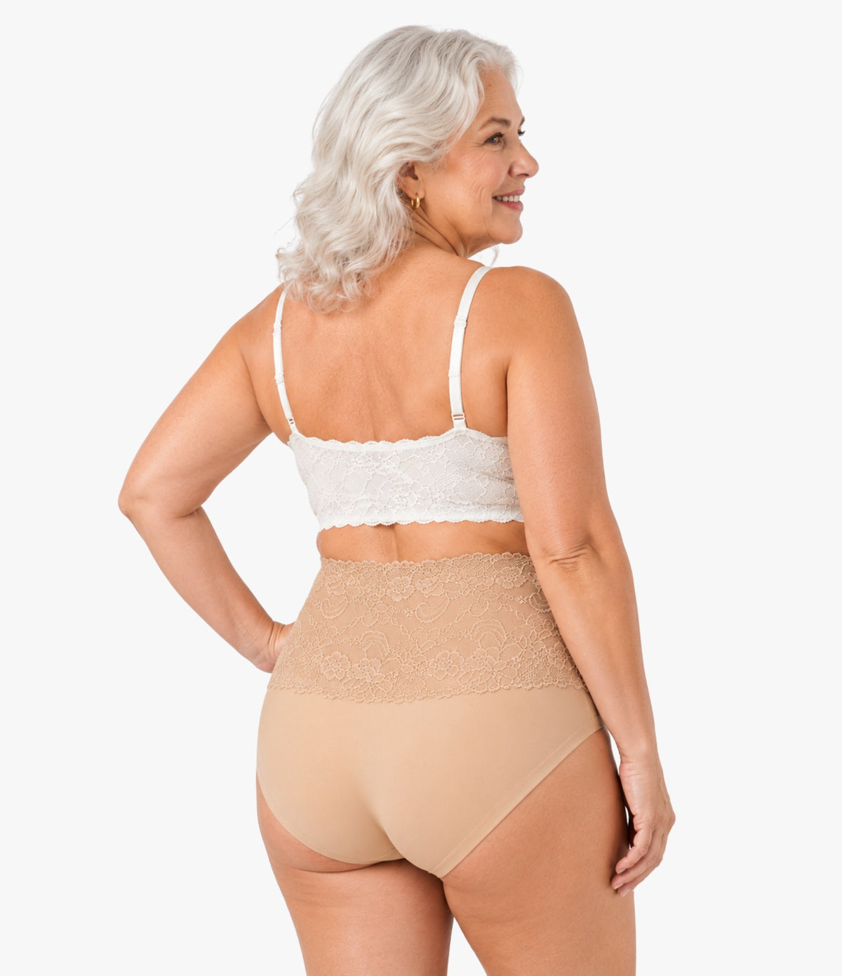 Lace Brief by OnlyShape - Back view high waist floral lace shaping bottom beige nude, full coverage plus size women