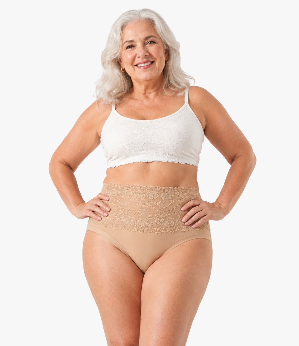 Lace Brief by OnlyShape - Plus size woman hands on hips wearing high waist floral lace shaping bottom beige nude