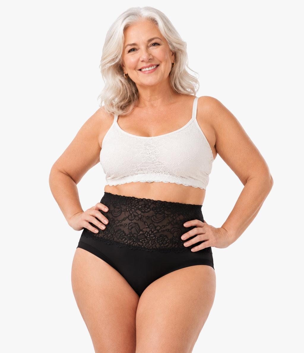 Lace Brief by OnlyShape - Plus size woman hands on hips wearing high waist floral lace shaping bottom in black