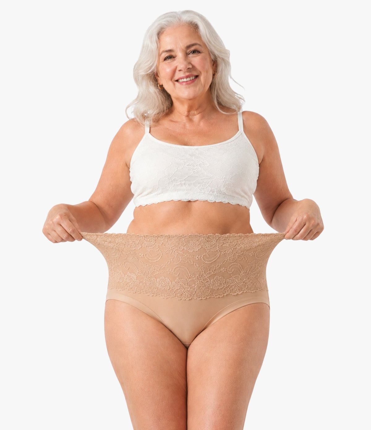 Lace Brief by OnlyShape - Plus size woman stretching high waist floral lace waistband to show stretch fit, beige nude