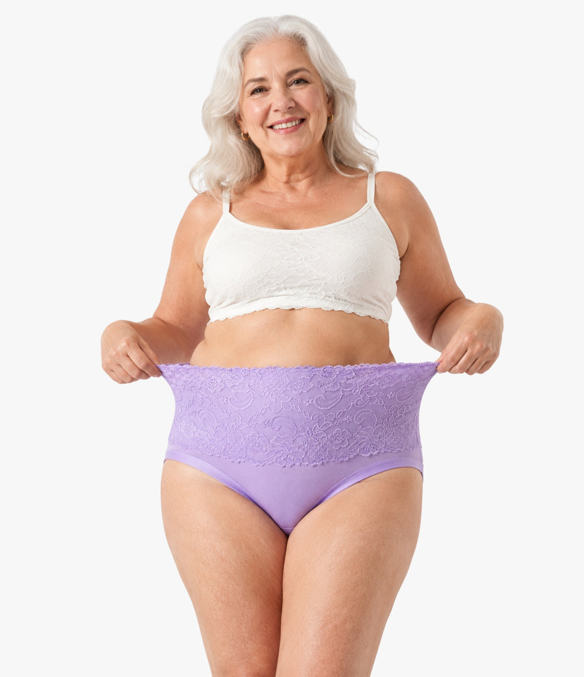 Lace Brief by OnlyShape - Plus size woman stretching high waist floral lace waistband to show stretch fit, lavender purple