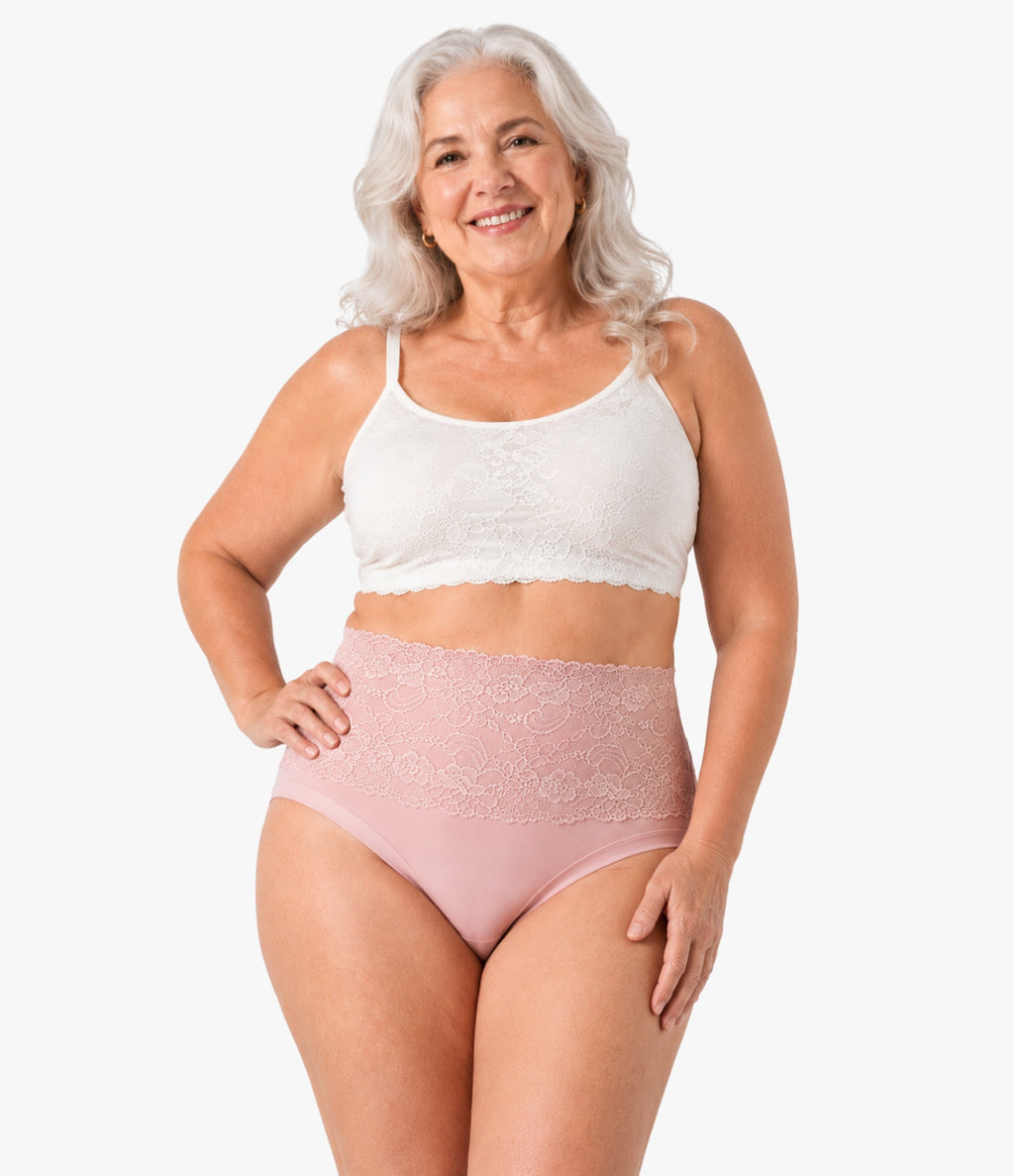 Lace Brief by OnlyShape - Plus size woman wearing high waist floral lace shaping bottom in blush pink, front view