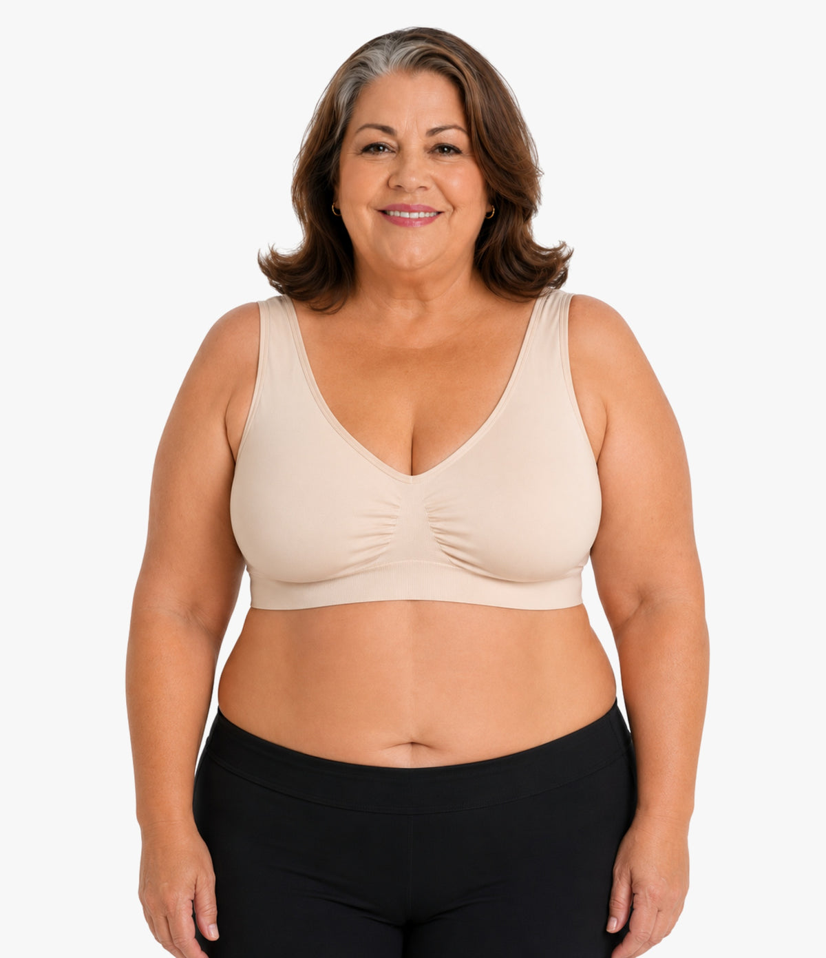Plus-size woman wearing the OnlyShape Everywear Bra in nude — seamless comfort bra, invisible under clothing, plus-size inclusive fit