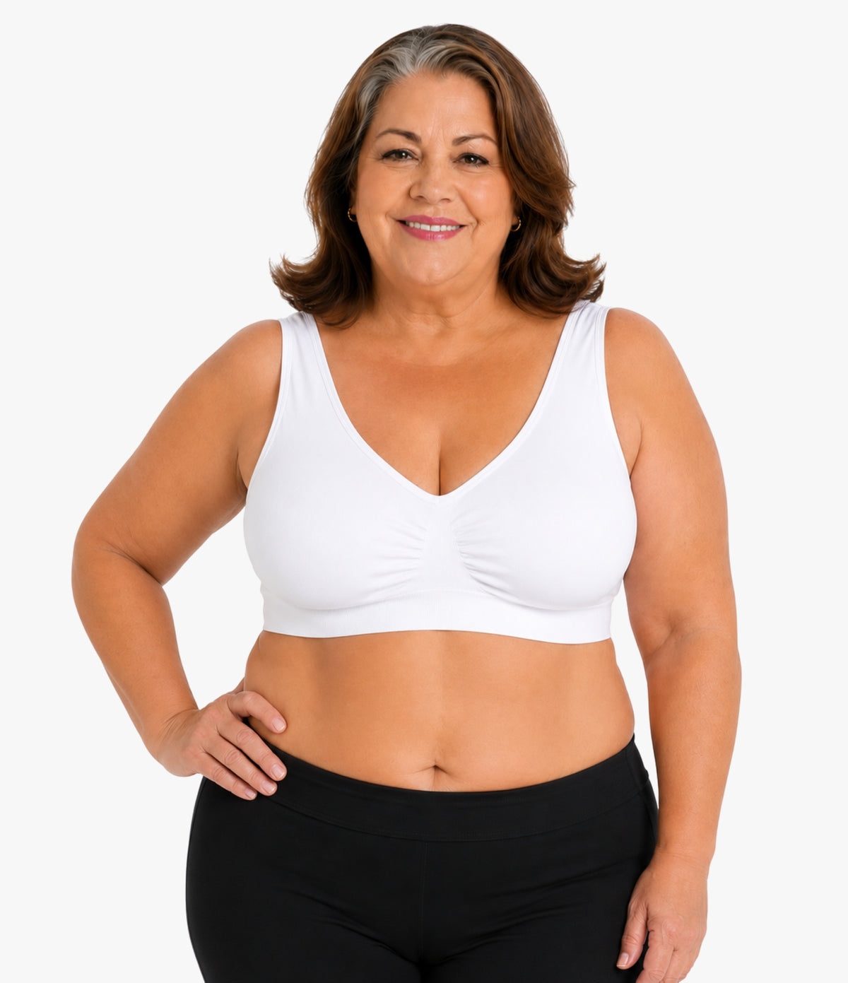 Plus-size woman wearing the OnlyShape Everywear Bra in white — seamless wireless comfort bra, wide straps, V-neckline
