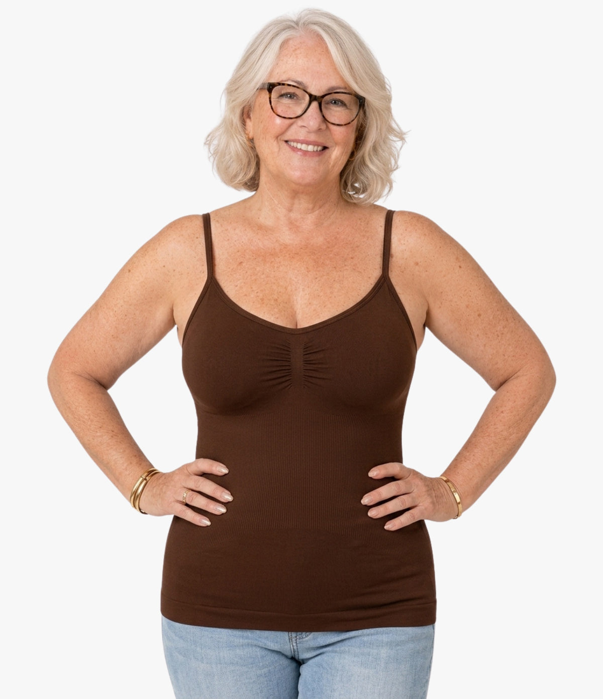 Senior woman wearing brown seamless shaping tank top with built-in bra and tummy control, comfortable camisole for women over 50, OnlyShape