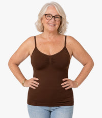 Senior woman wearing brown seamless shaping tank top with built-in bra and tummy control, comfortable camisole for women over 50, OnlyShape