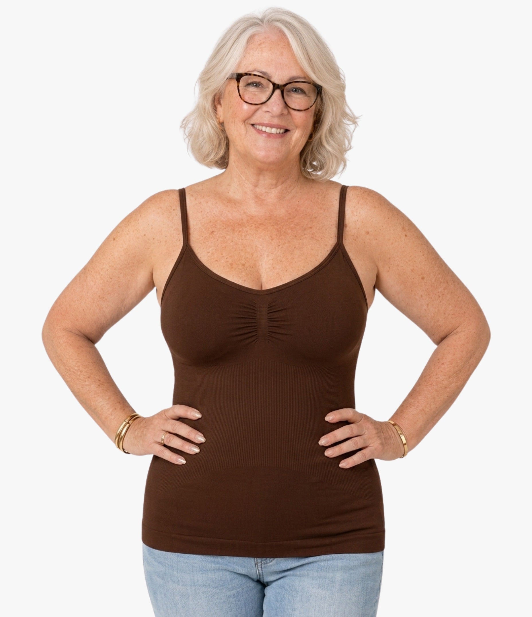 Senior woman wearing brown seamless shaping tank top with built-in bra and tummy control, comfortable camisole for women over 50, OnlyShape