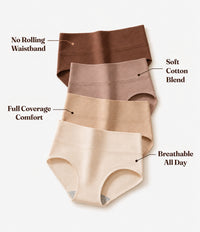 Women's high-waisted cotton underwear, seamless comfort briefs with no-roll waistband, full coverage support, breathable soft cotton blend panties for women over 50, 60 and 70, available in brown, taupe, beige and ivory.