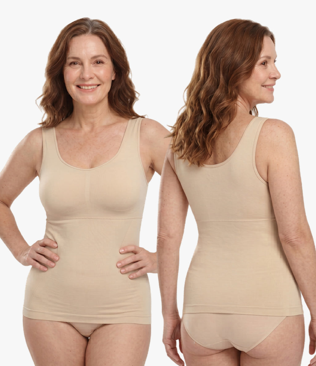 Front and back view of beige seamless shaping tank with tummy smoothing and built-in support