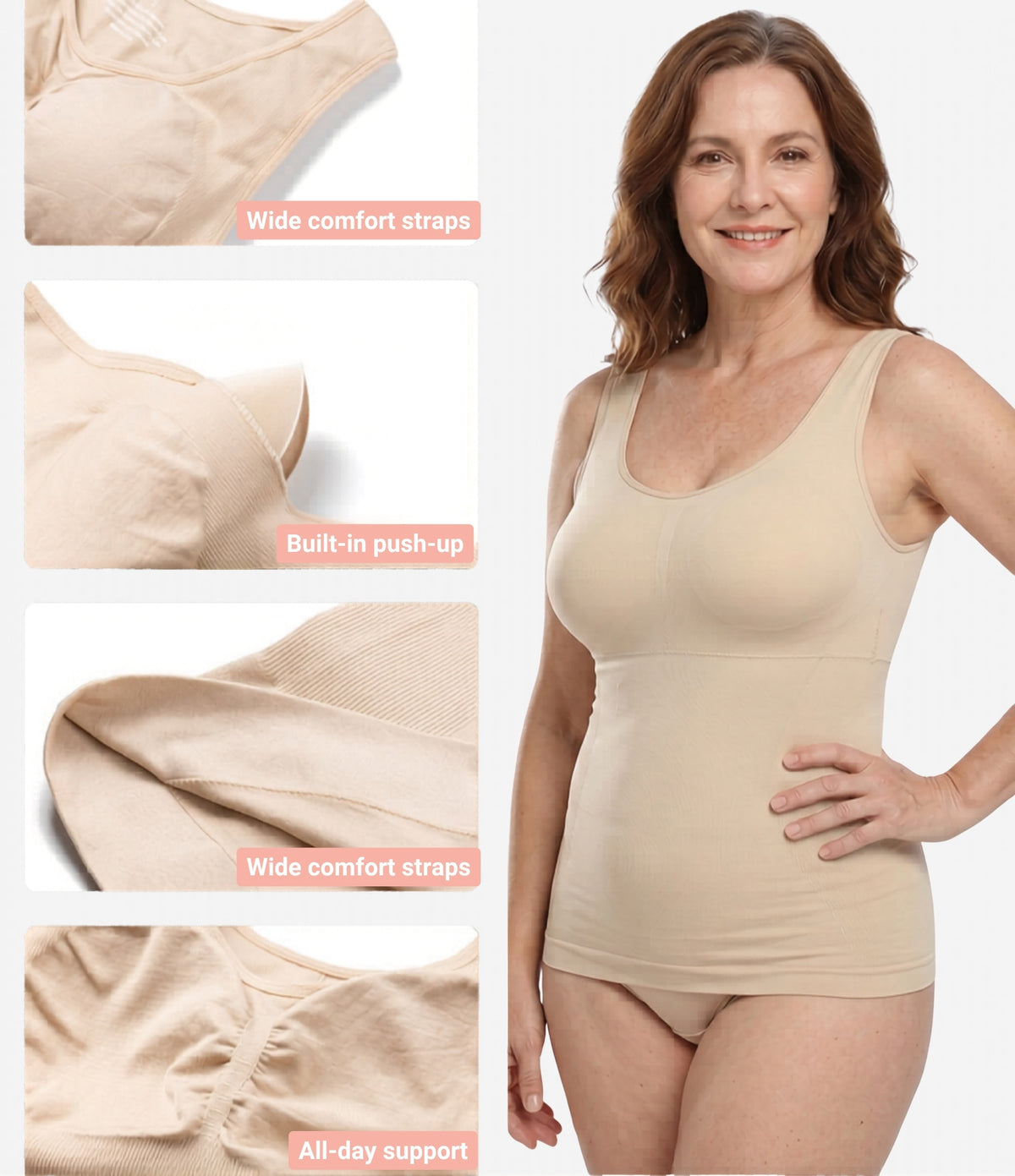 Beige shaping tank with wide comfort straps built-in support and seamless smoothing fabric for women over 50