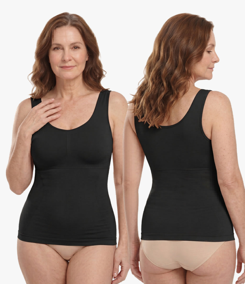 Black seamless shaping tank front and back view with tummy smoothing and built-in support for women over 50
