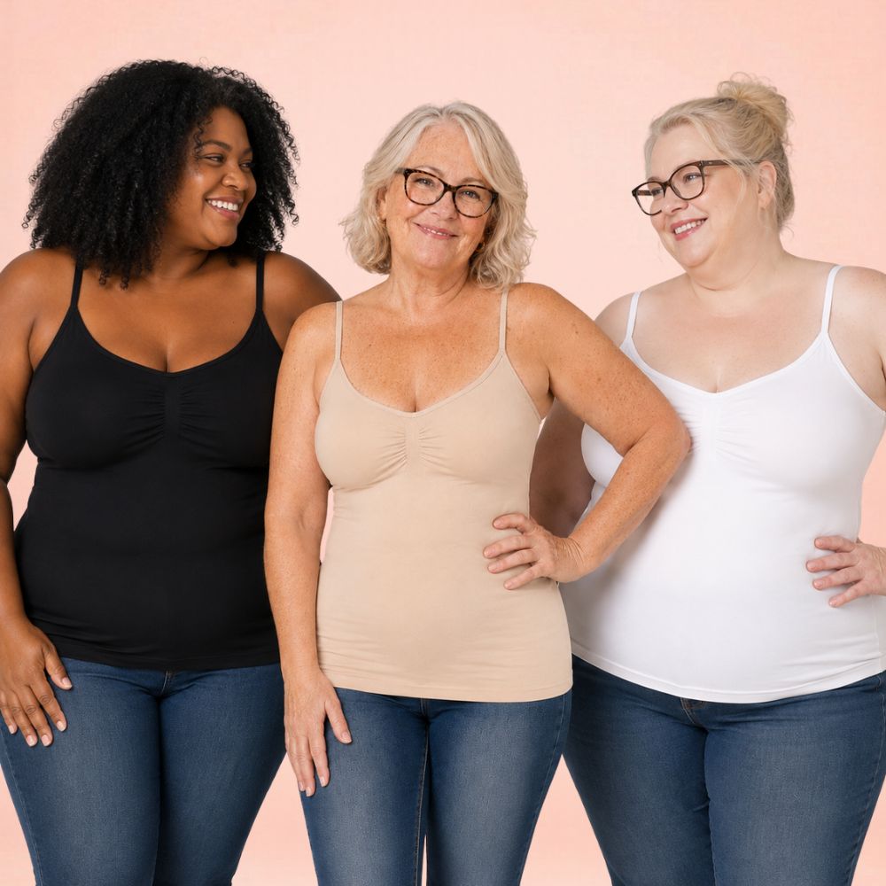 Women over 50 wearing OnlyShape Everyday Support Camisoles in black, beige and white with built-in bra support and smoothing comfort fit Image