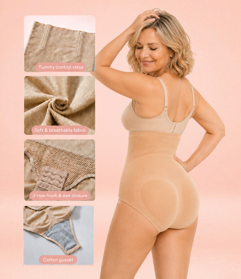 Mature woman showing back view of seamless beige high-waist shapewear brief with tummy support, breathable fabric and butt-lifting design