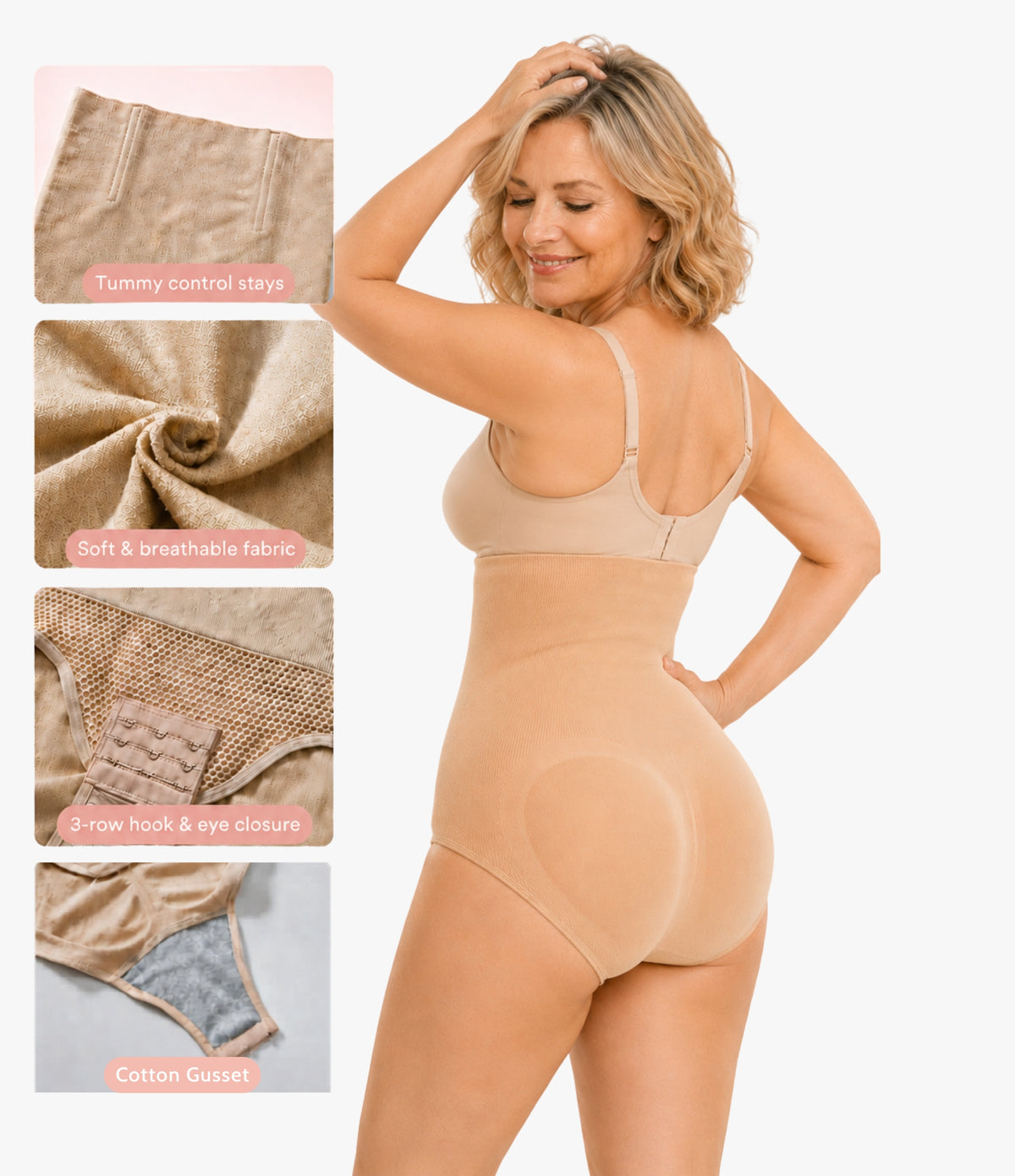 Back view of mature woman wearing beige high-waist shaping brief with seamless tummy control and sculpting support