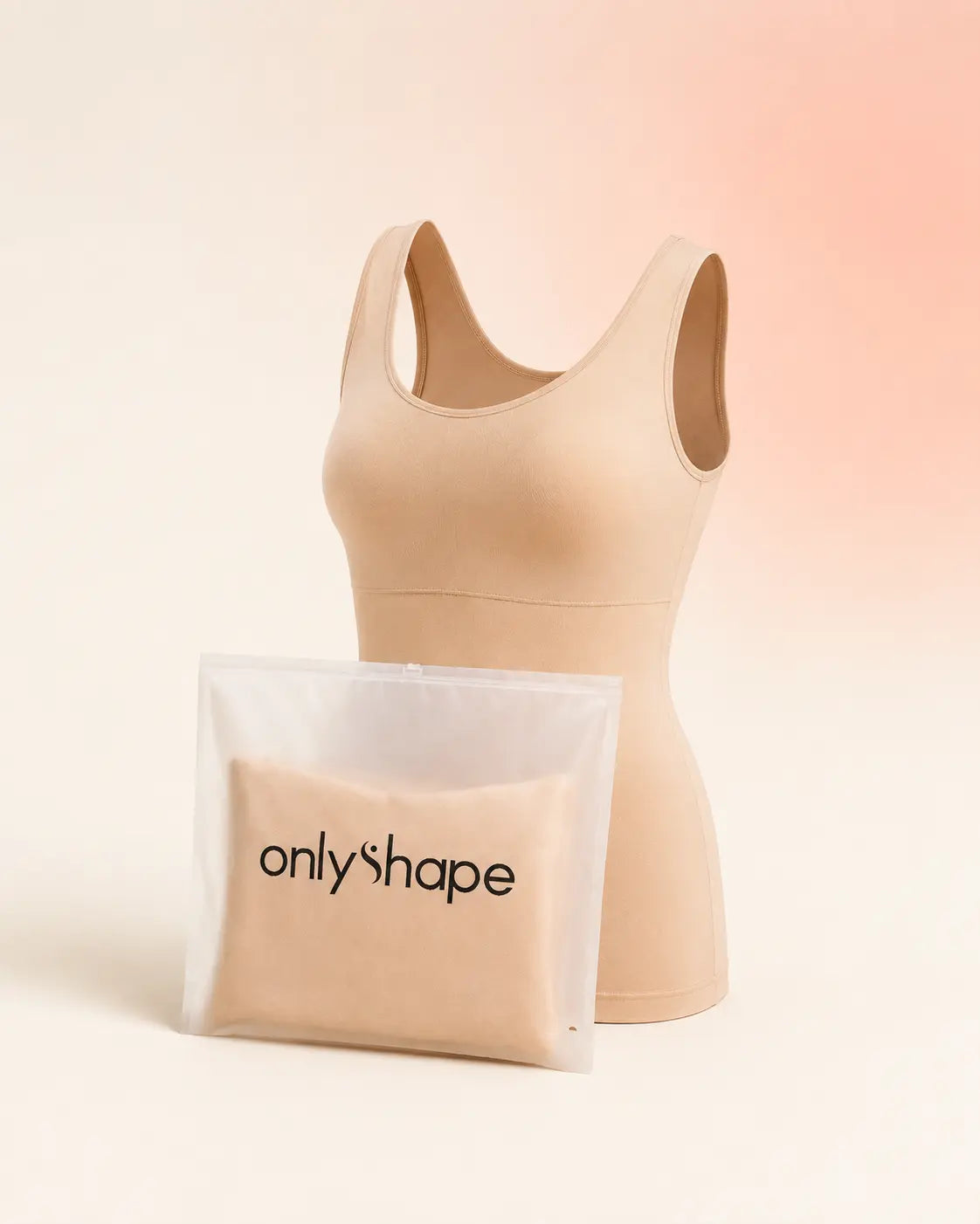 OnlyShape seamless shaping tank top in beige nude with branded eco 
packaging, wire-free 3-in-1 design for women sized S to 3XL Image
