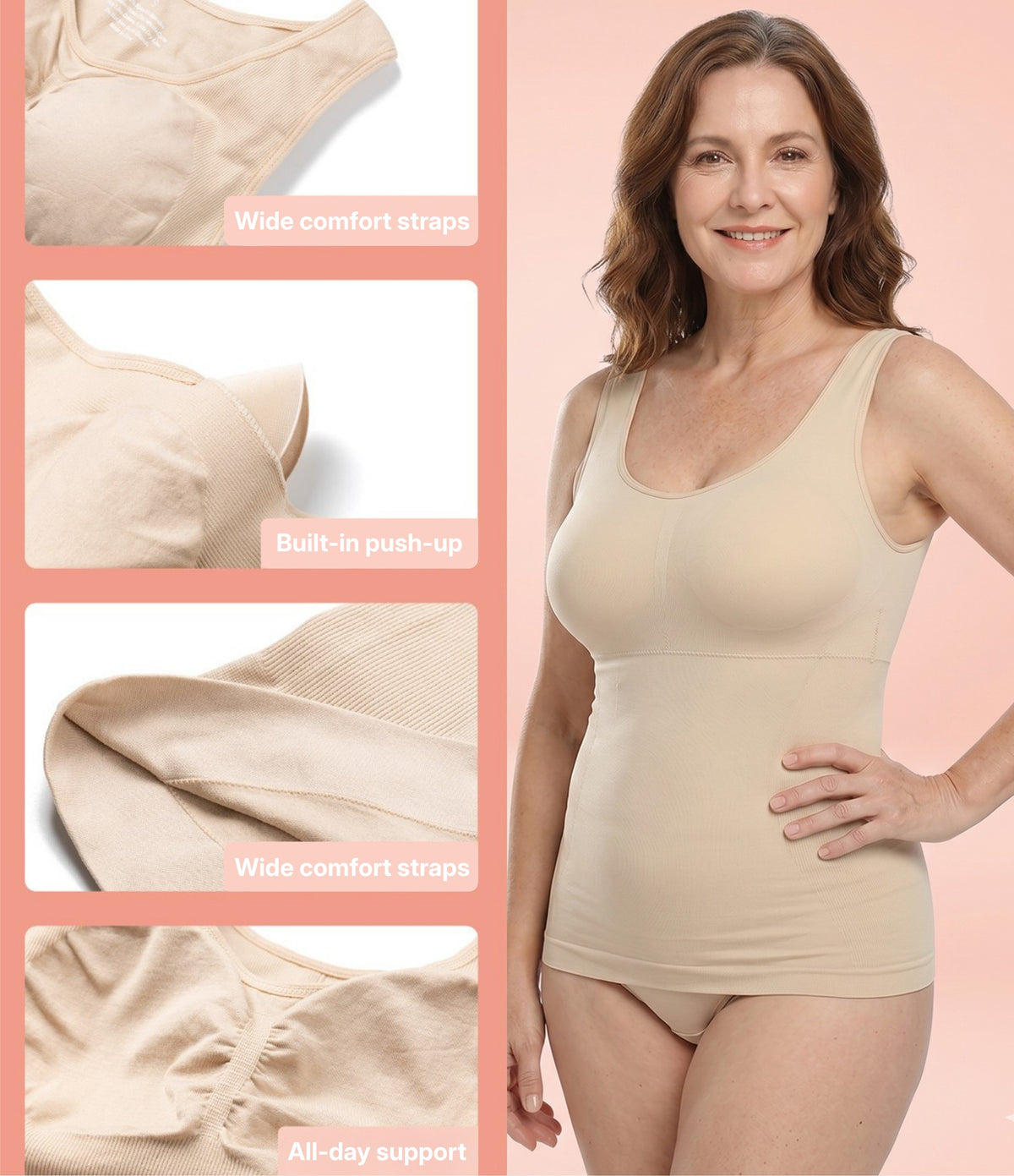 OnlyShape shaping tank 4-way stretch fabric demonstration with verified customer review on all-day comfort and no rolling up
