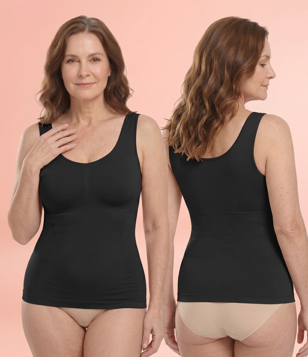 OnlyShape seamless shaping tank in black, front and back view, tummy control camisole with all-day support