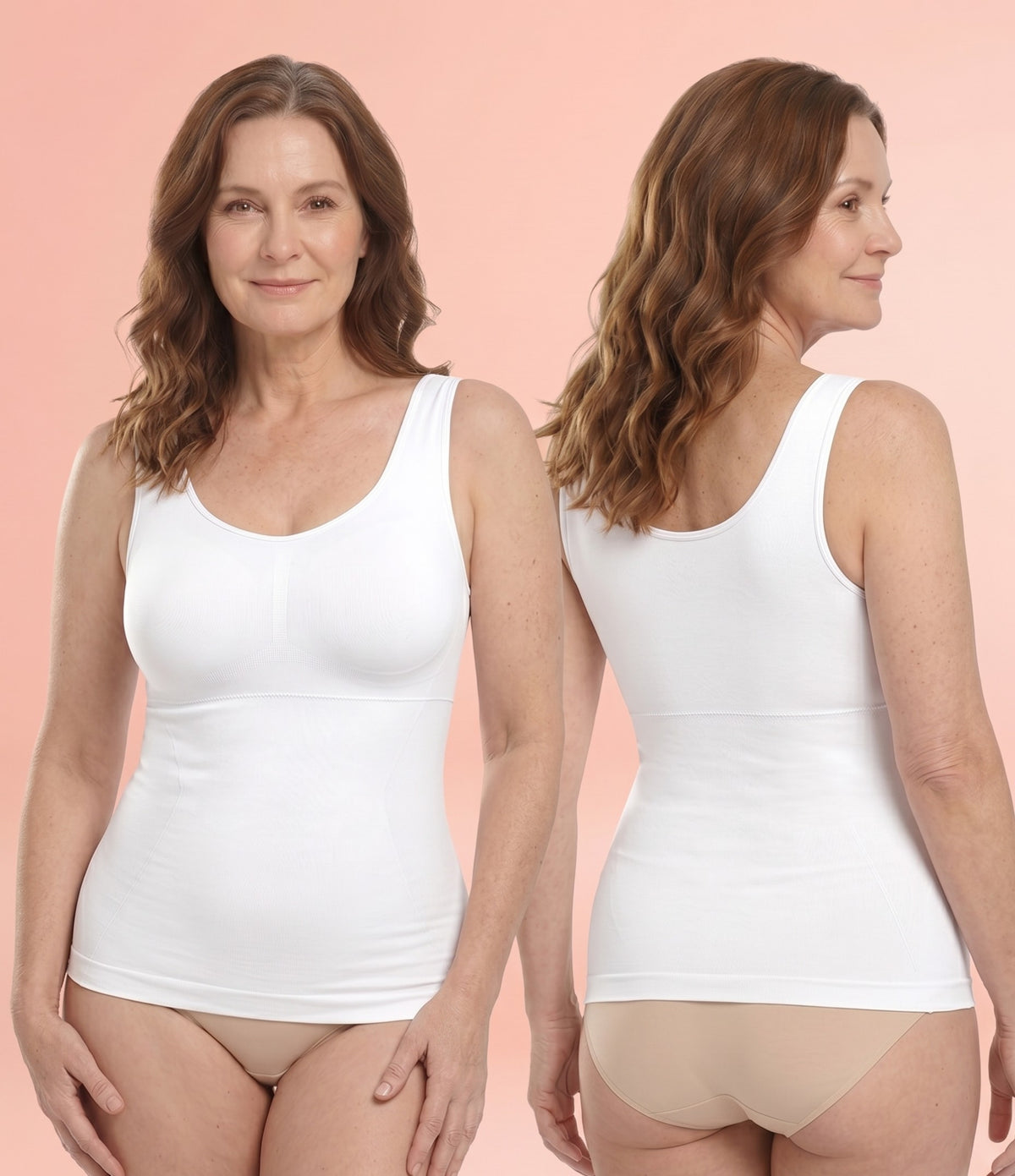 OnlyShape seamless shaping tank in white, front and back view, lightweight summer shapewear for women 50 plus