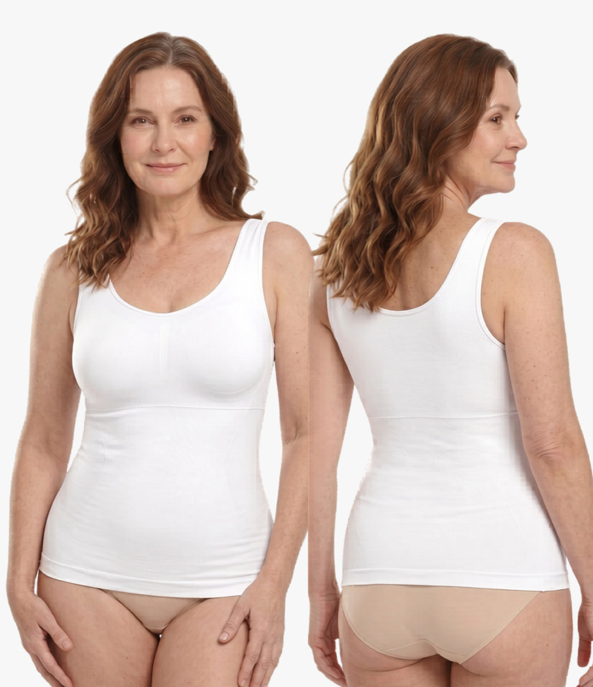 White seamless shaping tank front and back view with smoothing support and wire-free comfort for women over 50