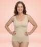 Back view of OnlyShape wire-free shaping tank in beige, smooth seamless back panel and wide comfort straps on a woman over 50