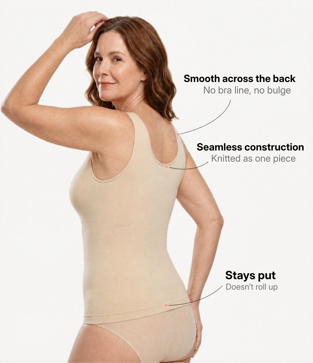 Woman over 50 wearing beige wire-free shaping tank showing back smoothing fit and seamless support